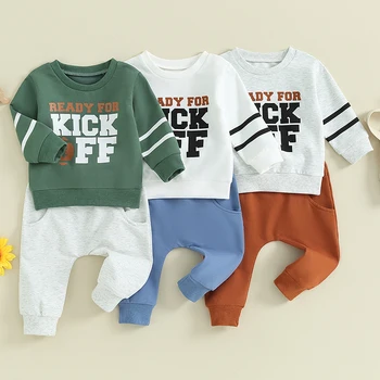 Осенняя игровая одежда для маленьких мальчиков, пуловер с длинными рукавами и футбольным принтом, штаны из 2 предметов, комплект одежды из 2 предметов