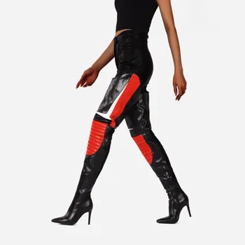 Пикантные Разноцветные Красно-Черные Сапоги выше колена Роскошного и Модного Дизайна на Высоком заостренном каблуке с застежкой-молнией Женская обувь Размер 41