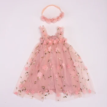 Платье-пачка для маленьких девочек, тюлевое платье без рукавов с вышивкой и цветочным принтом, платья принцессы для маленьких девочек с цветочной повязкой на голове