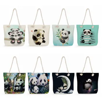 Портативная сумка, Повседневная Многоразовая сумка на заказ, Женская сумка через плечо, Студенческая сумка для покупок, Толстая Веревочная Льняная ткань серии Cute Panda