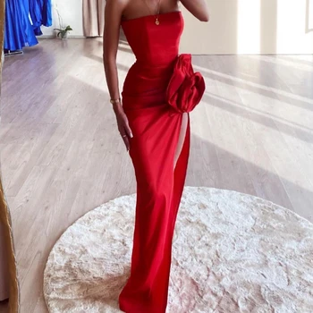 Простые красные платья Русалки для выпускного вечера для женщин, без бретелек, без рукавов, с высоким разрезом по бокам, длиной до пола, плиссированные вечерние платья в цветочек