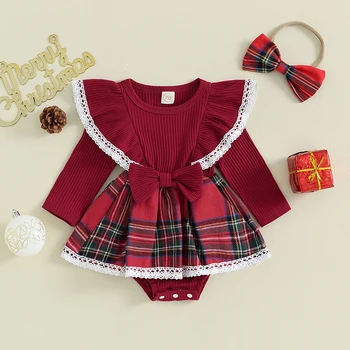 Рождественские наряды для маленьких девочек из 2 предметов, платье-ползунки с мультяшным принтом с оборками и повязкой на голову, комплект боди для новорожденных, одежда для