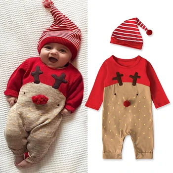 Рождественский олень Для новорожденных мальчиков и девочек, комбинезон с длинными рукавами и принтом + шляпа, одежда для новорожденных мальчиков и девочек, комбинезоны