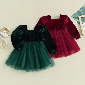 Рождественское вельветовое платье для маленьких девочек с длинными пышными рукавами, однотонное пышное платье из тюля, праздничное платье для малышей, детская одежда