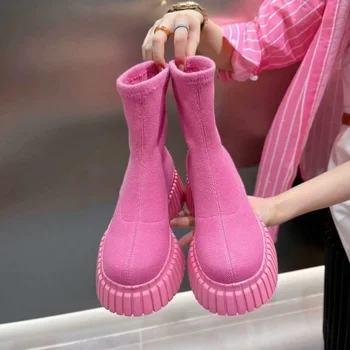 Розовые женские эластичные ботинки, Новая обувь, модные женские носки без застежки, обувь на танкетке, Ботильоны на платформе.