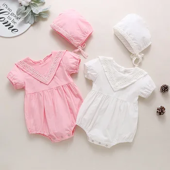 Розовые Летние наряды Комбинезон для девочки Одежда для новорожденных девочек Комплект одежды из 2 предметов для малышей со шляпой