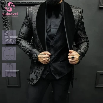 Роскошные черные мужские костюмы с цветочным рисунком, приталенный комплект брюк на заказ из 3 предметов, формальный свадебный ужин для жениха, смокинг для выпускного вечера, блейзер Masculino