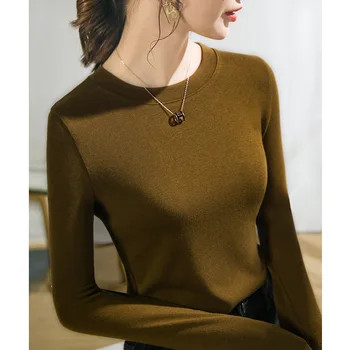 Рубашка с круглым вырезом для женского нижнего белья, Осенне-зимний Вестернизированный стиль, Однотонная, Футболка с длинными рукавами