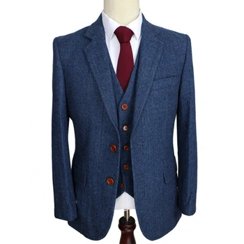Синий мужской костюм Lansboter в елочку в стиле ретро Для джентльмена В классическом стиле, сшитый на заказ, Блейзер, костюмы из 3 предметов, куртка, Брюки, жилет