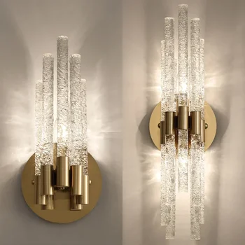 Современный минималистичный Стеклянный Медный хрустальный настенный светильник с водной рябью В спальне, светодиодное внутреннее освещение для украшения дома, гостиной