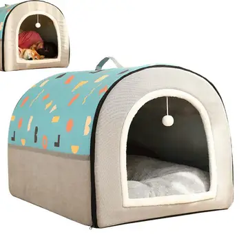 Съемная кровать для собаки, Круглый собачий домик, Полузакрытая моющаяся пещера для котенка Со съемной подушкой, Двухцветный геометрический домик для щенка