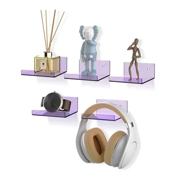 Фиолетовые акриловые плавающие полки с краями, 5 упаковок, держатель для телефона на выступе - Монтируемые на стену и многофункциональные для домашнего декора