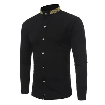 Черная рубашка с вышивкой, мужская Camisa Masculina, бренд 2024, Тонкая рубашка с воротником-стойкой с длинным рукавом, Мужские деловые повседневные рубашки