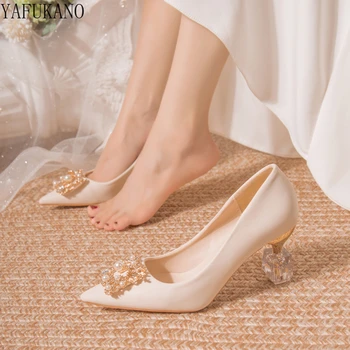 Элегантные женские туфли с украшением в виде кристаллов, жемчуга, страз, квадратной пряжки, свадебные туфли для подружек невесты, Пикантные туфли на тонком высоком каблуке с острым носком, вечерние туфли-лодочки для выпускного вечера