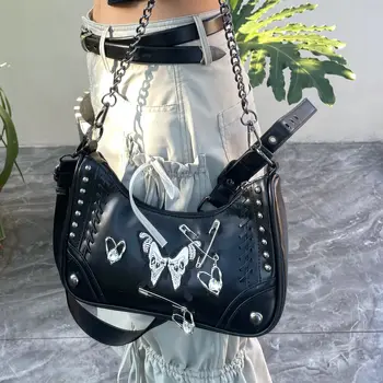 Японская сумка через плечо с бабочкой в стиле харадзюку в стиле темного панка на цепочке Y2k, крутая женская сумка подмышками, повседневная универсальная женская сумка